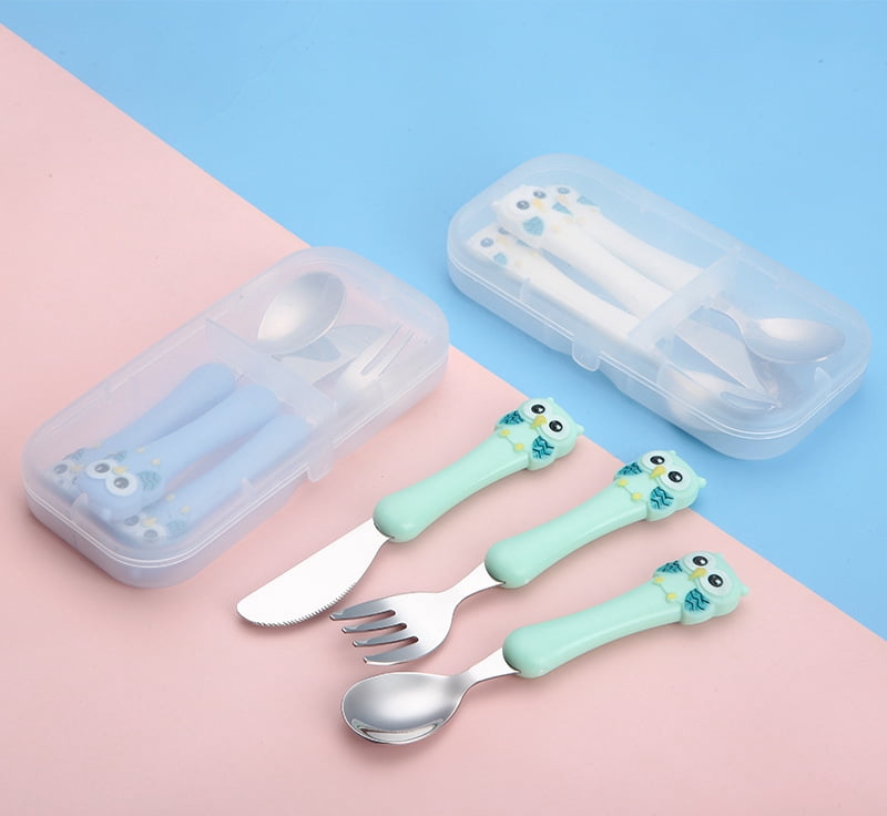 Toddler Cute Cartoon Owl Utensils with Case, Kids Spoon Fork and Knife Set, Self-feeding Stainless Steel Baby Silverware, Child Flatware Set, Travel Cutlery Set for Ages 18 Months+
