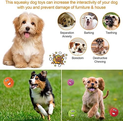 Squeaky Dog Toys Chewing Durable Teething Latex Rubber Soft Interactive Fetch Play Dog Balls with Funny Smile Face for Puppy Small Medium Pet Dog (6PCS)