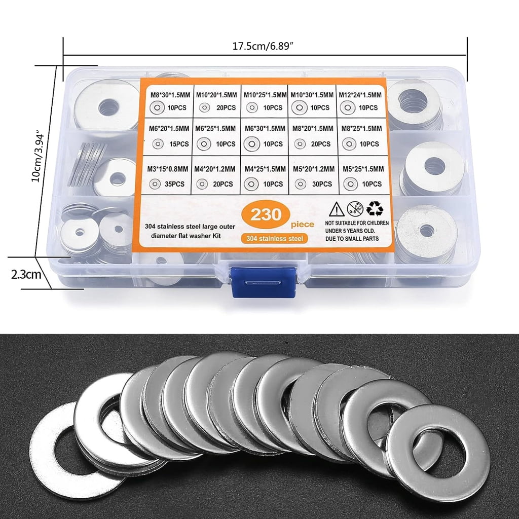 ZPAQI Stainless Steel Flat Washer Collection 230Pieces Assorted size Washers