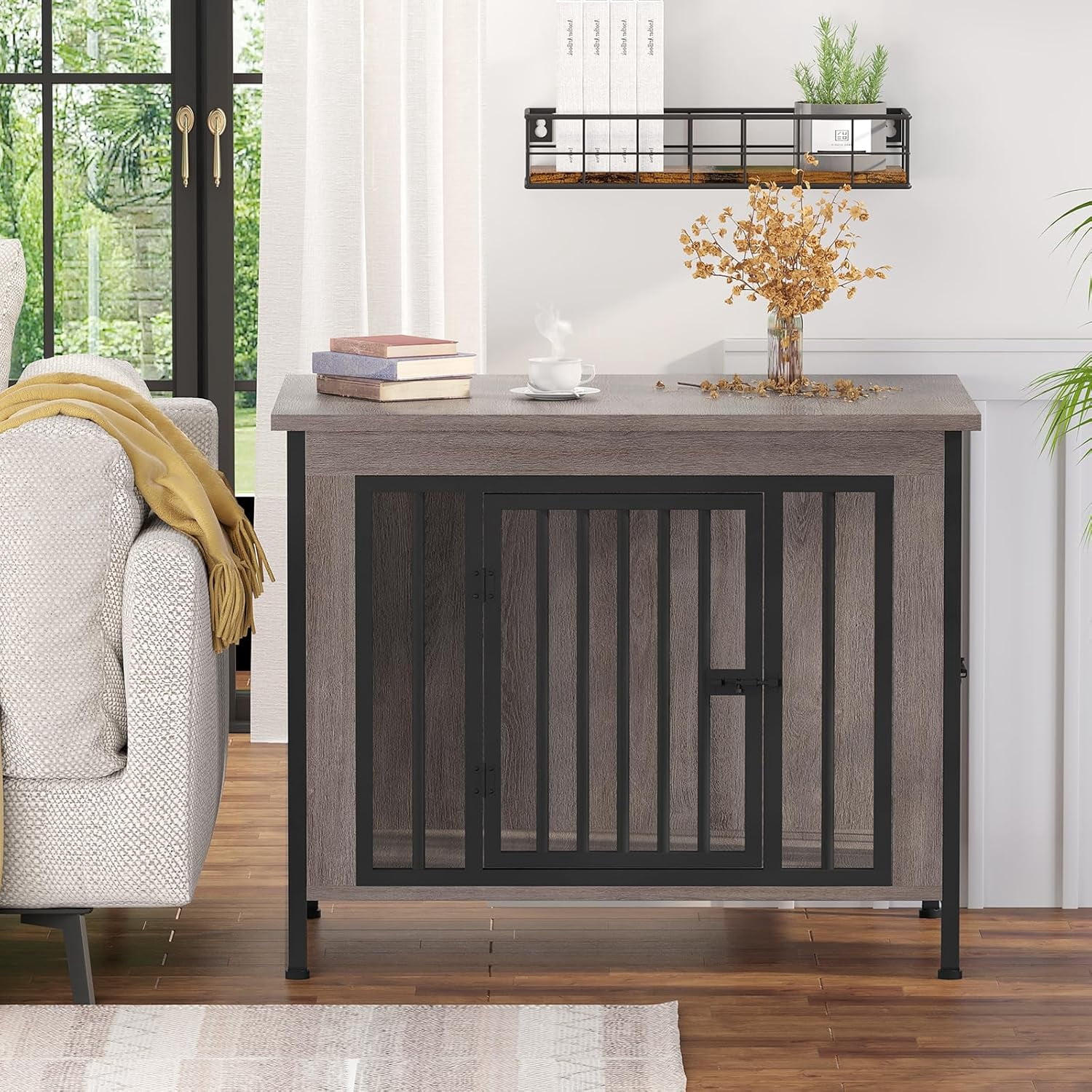 POAO 31.5" L Dog Crate Furniture, Heavy Duty Dog Crates for Small Dogs(20-35 Pounds), Dog Kennel Furniture Indoor as TV Stand, Oak Grey