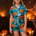 thumbnail image 2 of KPOPLK Girls Short Sleeve Halloween Pajamas Set for Kids Cute Print Collared Tops and Shorts Pjs Set Satin Silk Lightweight Kids Halloween 2 Pieces Outift,Size 2-3 Years, 2 of 5