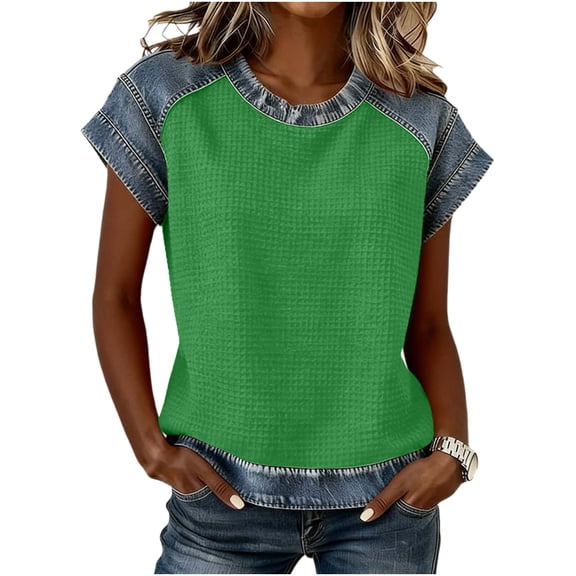 Rutainlusire Women's Round Neck Waffle Knit Faux Denim Patchwork Short Sleeve Tops Ladies Casual Loose Fit Stretchy Soft Breathable Fabric Raglan Sleeve Design Tops