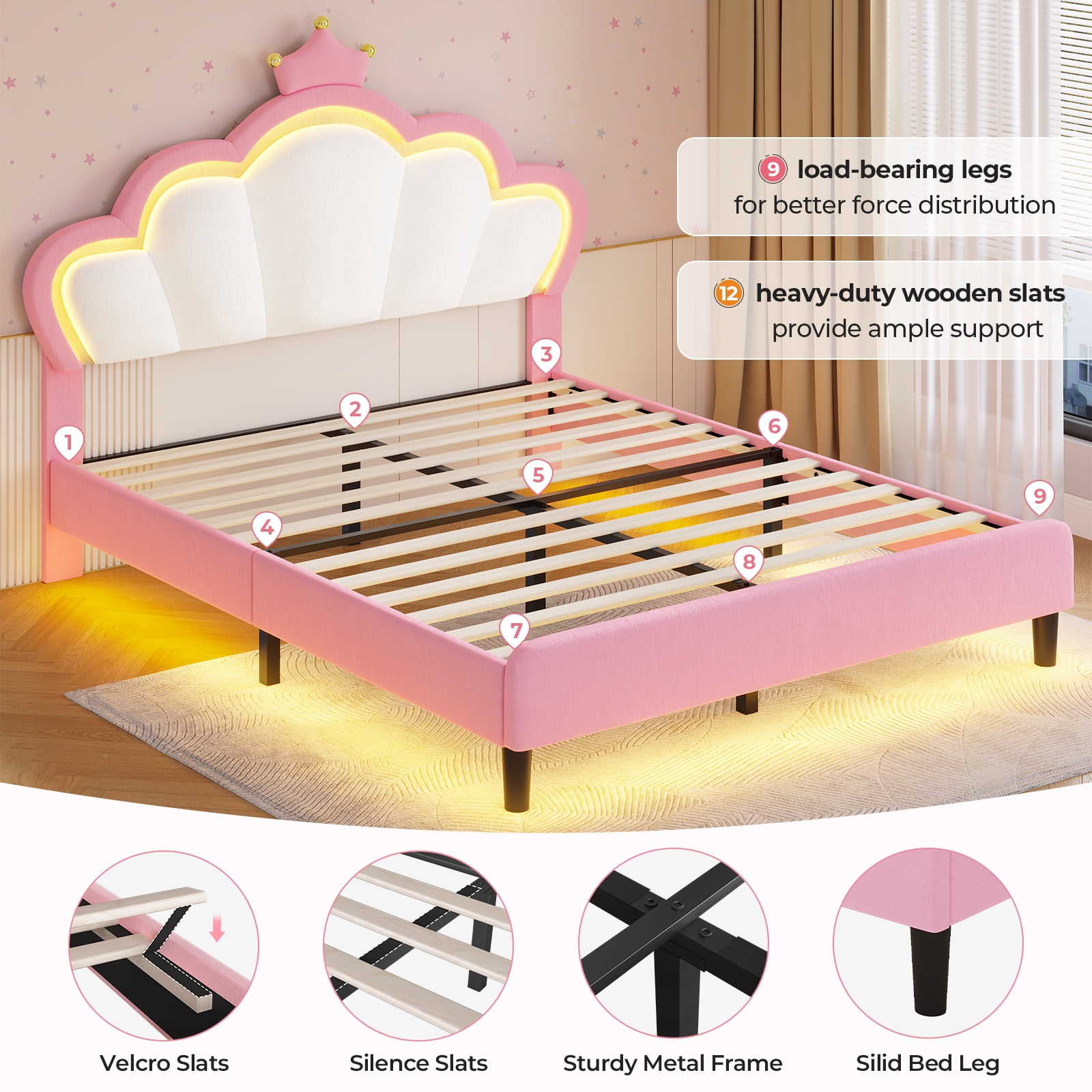 Twin Size Girl Bed Frame with LED Lights, Princess Bed with Adjustable Headboard, Twin Bed Velvet Upholstered Platform Bed with Princess Crown, Solid Wood Slats Support,Pink