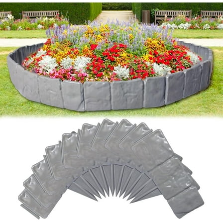JahyShow Garden Edging Border with Anchoring Spikes,Plastic Landscape Edging Border Imitation Stone Fence for DIY Outdoor Yard Landscaping (30pcs/24 FT, Gray)