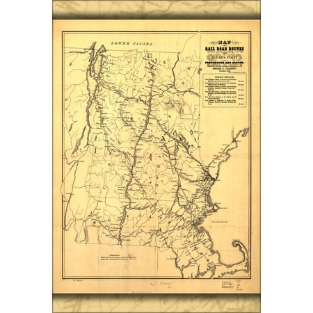 24"x36" Gallery Poster, Map Massachusetts New Hampshire Vermont r.r. 1848