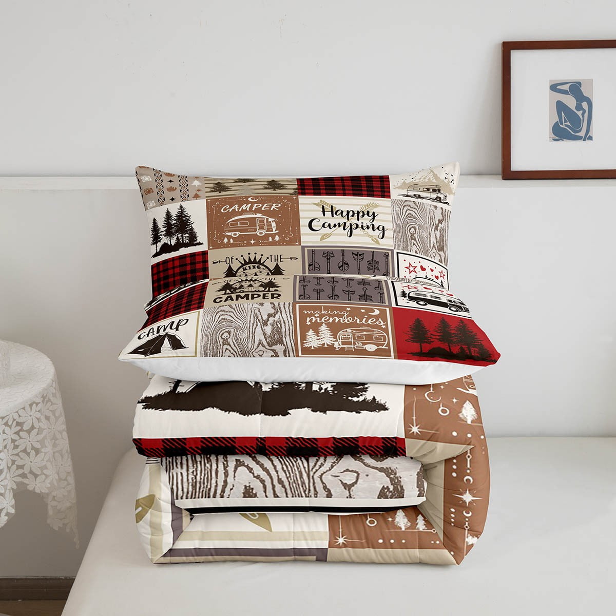 Erosebridal Short Queen Comforter For Rv Camper Happy Camping Bunk Comforter Set Rv Camper Accessories Bedding For Travel Trailers, Patchwork Buffalo Plaid Pine Tree Arrow Quilt Set Red Brown