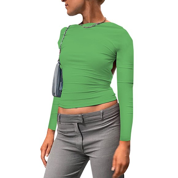 Grianlook Ladies T-shirt Long Sleeve T Shirt Backless Tee Women Loose Pullover Breathable Solid Color Tunic Blouse Green L