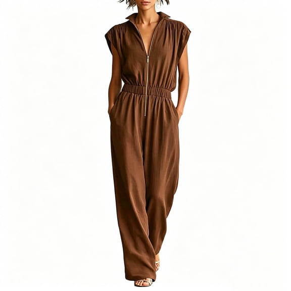 Guluxicc Brown Womens Collared Jumpsuit Half Zip Wide Leg Cap Sleeve Elastic Waist Casual Dressy Business Casual Summer Rompers with Pockets