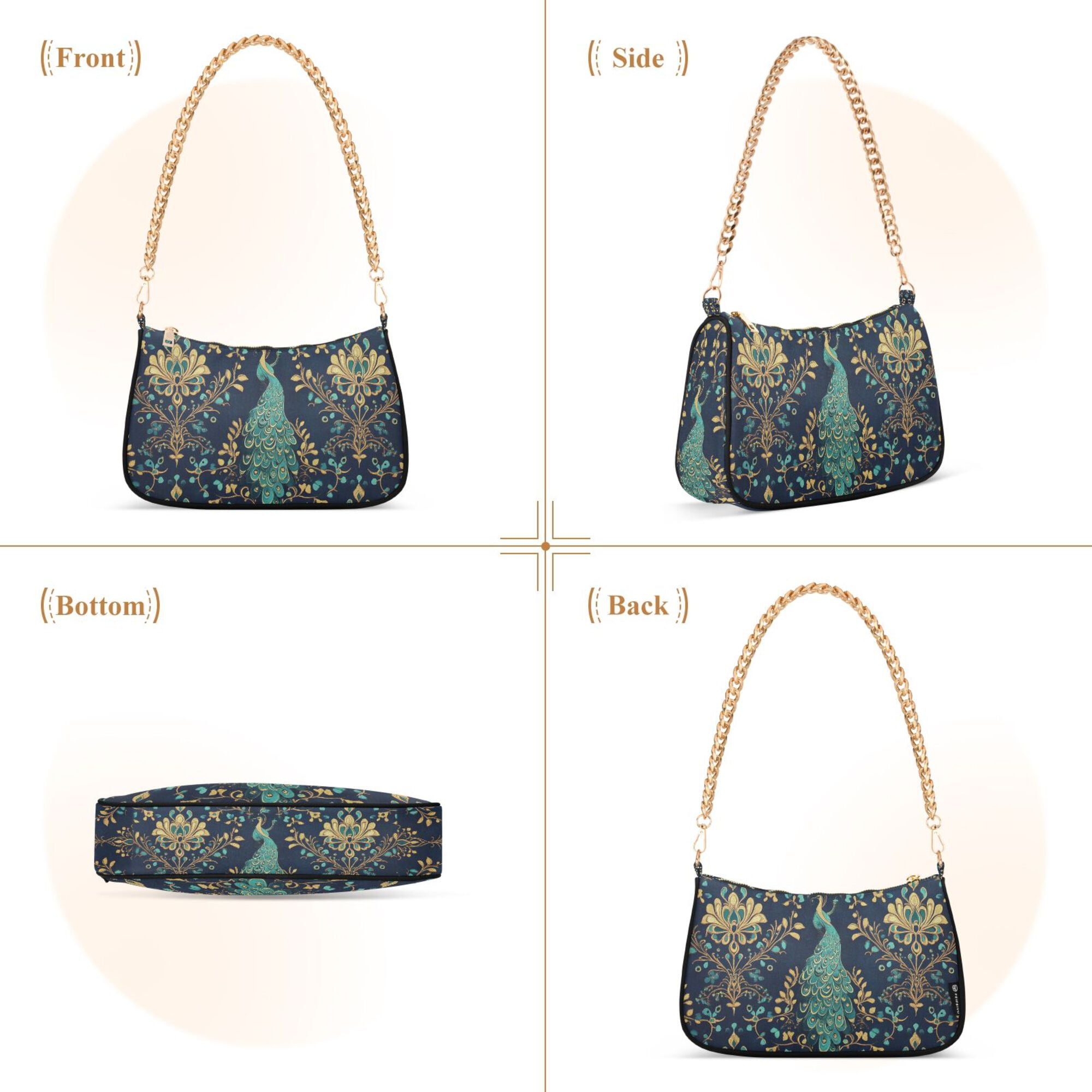 FORMRS Womens Shoulder Bag with Chain Strap Clutch Purse Cute Tote Handbag, Navy Blue Peacock Pattern