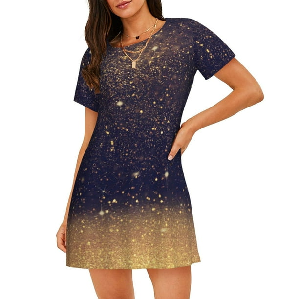 Fotbe Gold Black Glitter Bata de Dormir para Mujer con Estampado, Camisón de Algodón de Manga Corta, Ropa de Dormir Casual