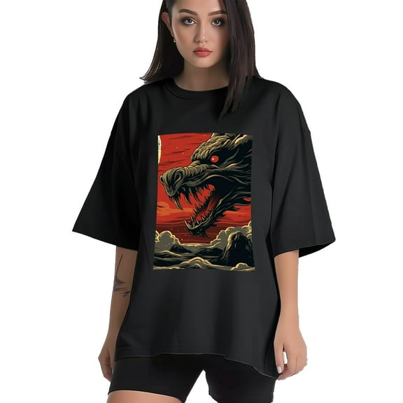 Plus Size Shirt for Women Black Tops for Women Short Sleeves Shirt for Women Dragon And Moon T Shirt Crewneck Shirt for Women XS