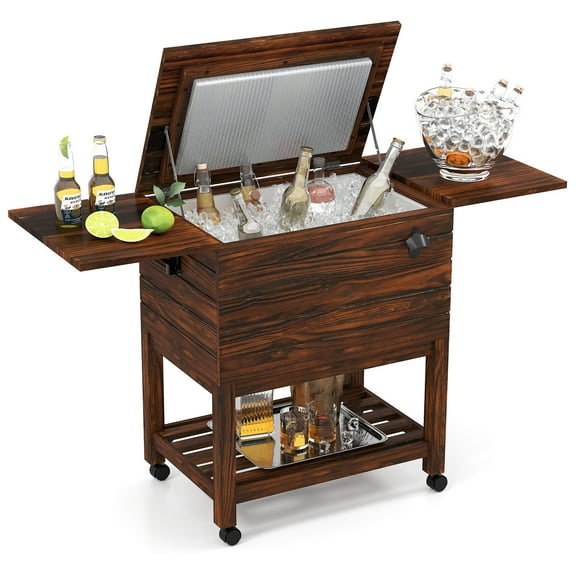Gymax 54 Quart Rolling Wooden Patio Cooler Cart w/ 2 Drop Leaf Tables Bottle Opener
