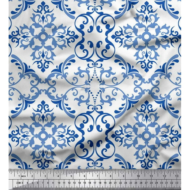 Soimoi White Rayon Fabric Filigree Damask Print Fabric by Yard 56 Inch Wide