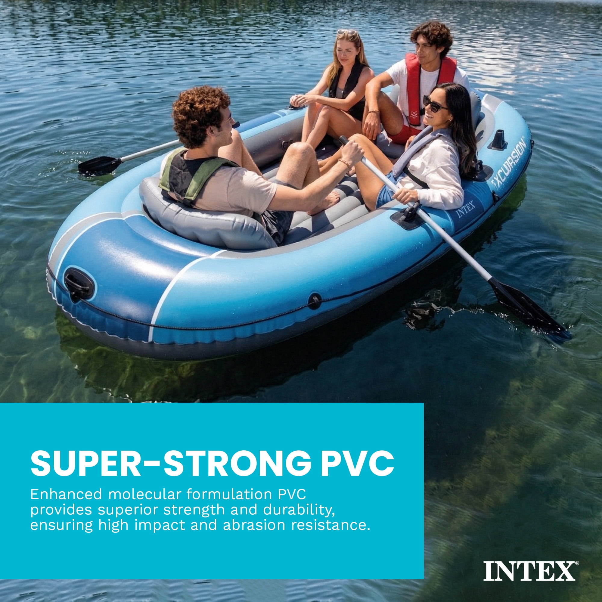 INTEX 66324EP Excursion 4 Inflatable Boat Set w/Oars, Pump, Adjustable Seats & Rod Holders