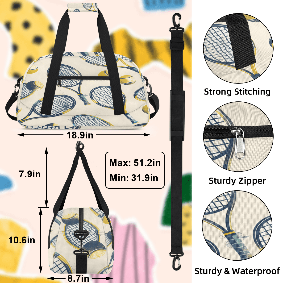 Herdesigns Sports Sports Duffle Bag for Women & Men, Tennis Gym Bag Dance Bag Overnight Bag Carry On Weekender Travel Bag