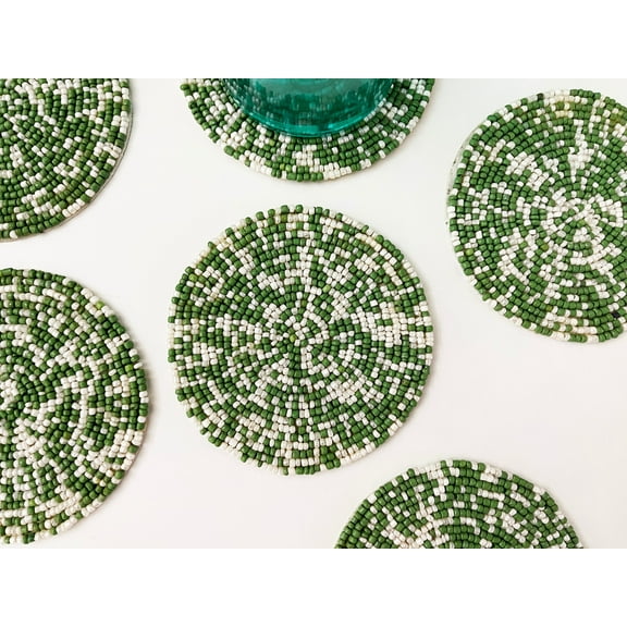 Coasters set of 6, drink coasters, green and white beaded coasters, gift for her, housewarming gift