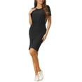 thumbnail image 1 of Unique Bargains Robe Élégante Bodycon Femmes Manches Courtes Froncé Col Rond Extensible Bureau Mini Robe Noire XS, 1 of 5