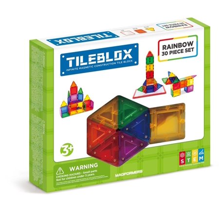 Tileblox Rainbow Multicolor 30Pc Magnetic Tiles with activity board