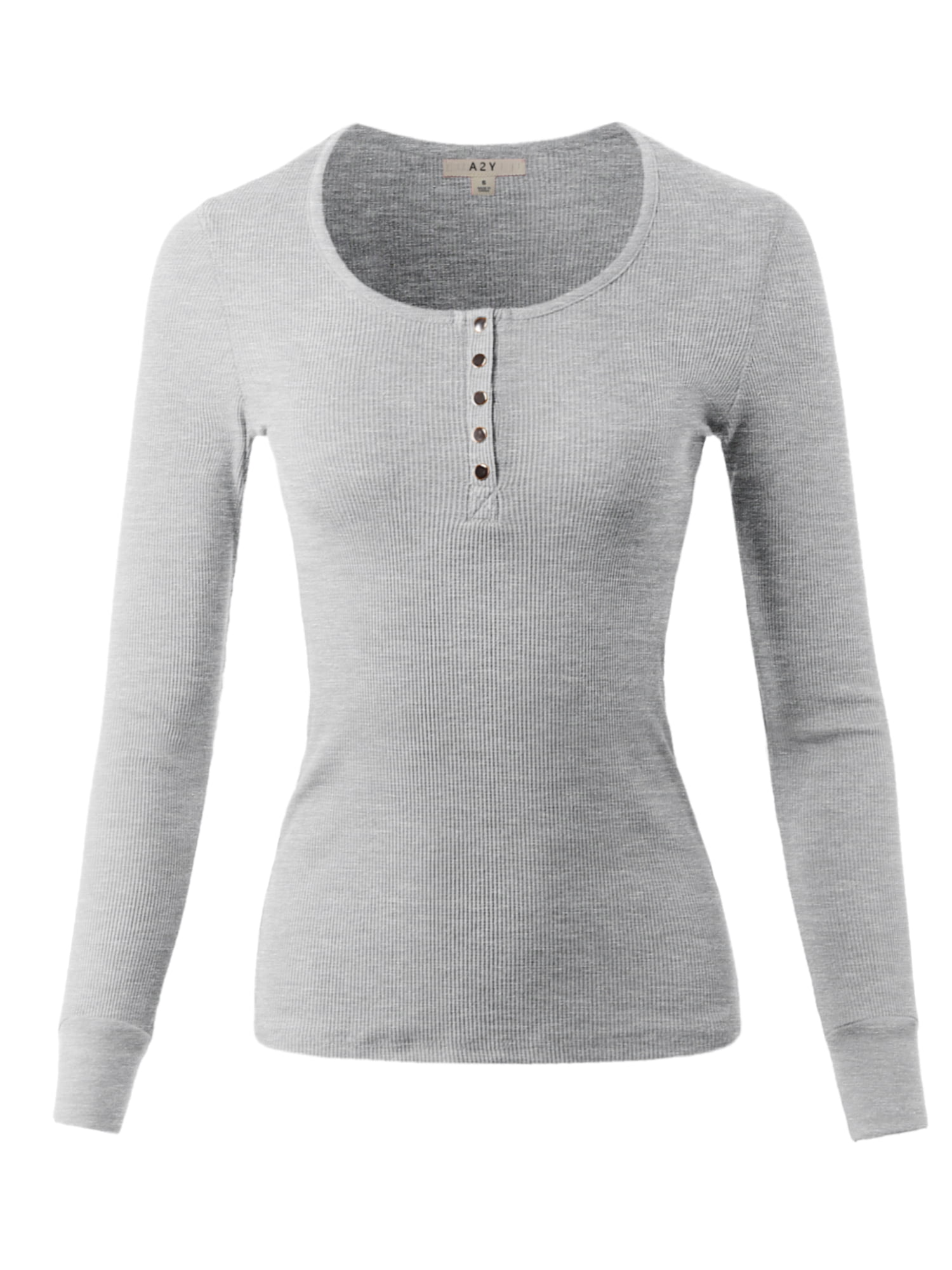 A2Y Women's Fitted Snap Button Henley Crew Neck Long Sleeve Thermal ...