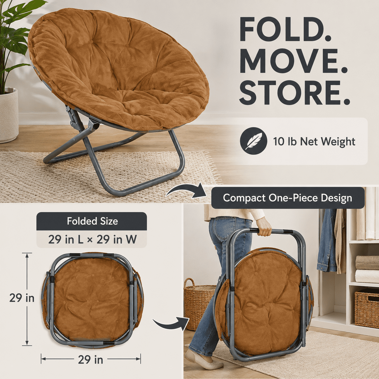CLOUDREST PRO Soft Plush Folding Saucer Chair for Adults, Padded Round Lounge Seat, Metal Frame, 300 lb Capacity, Brown