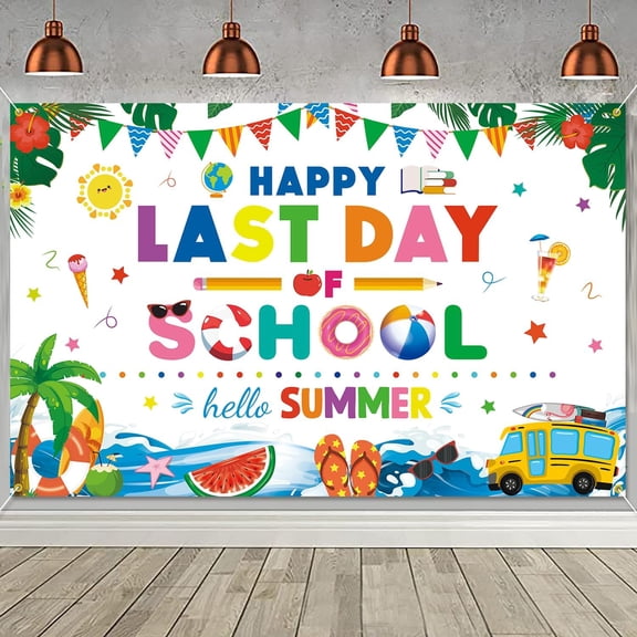 7x5FT Happy Last Day of School Hello Summer Backdrop Banner End of School Year Theme Backdrop Last Day of School Photo Booth Props Summer Vacation End of School Party Background Decoration