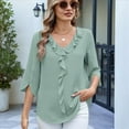 thumbnail image 4 of Blusas Informales Elegantes para Mujer, con Mangas 3/4, Cuello en V y Volantes, Verde , Talla L, 4 of 7