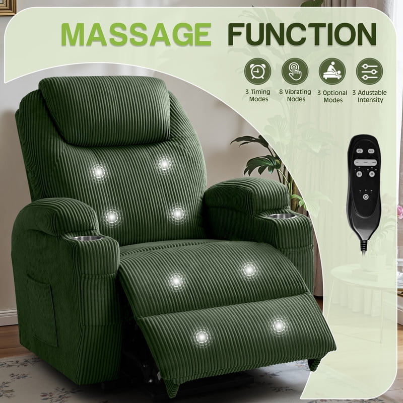 Furmax Electric Power Lift Recliner Soft Corduroy Chair Sofa with with 8 Vibrating Massages Ergonomic Lounge Chair with 2 Cup Holders and Side Pocket,Green