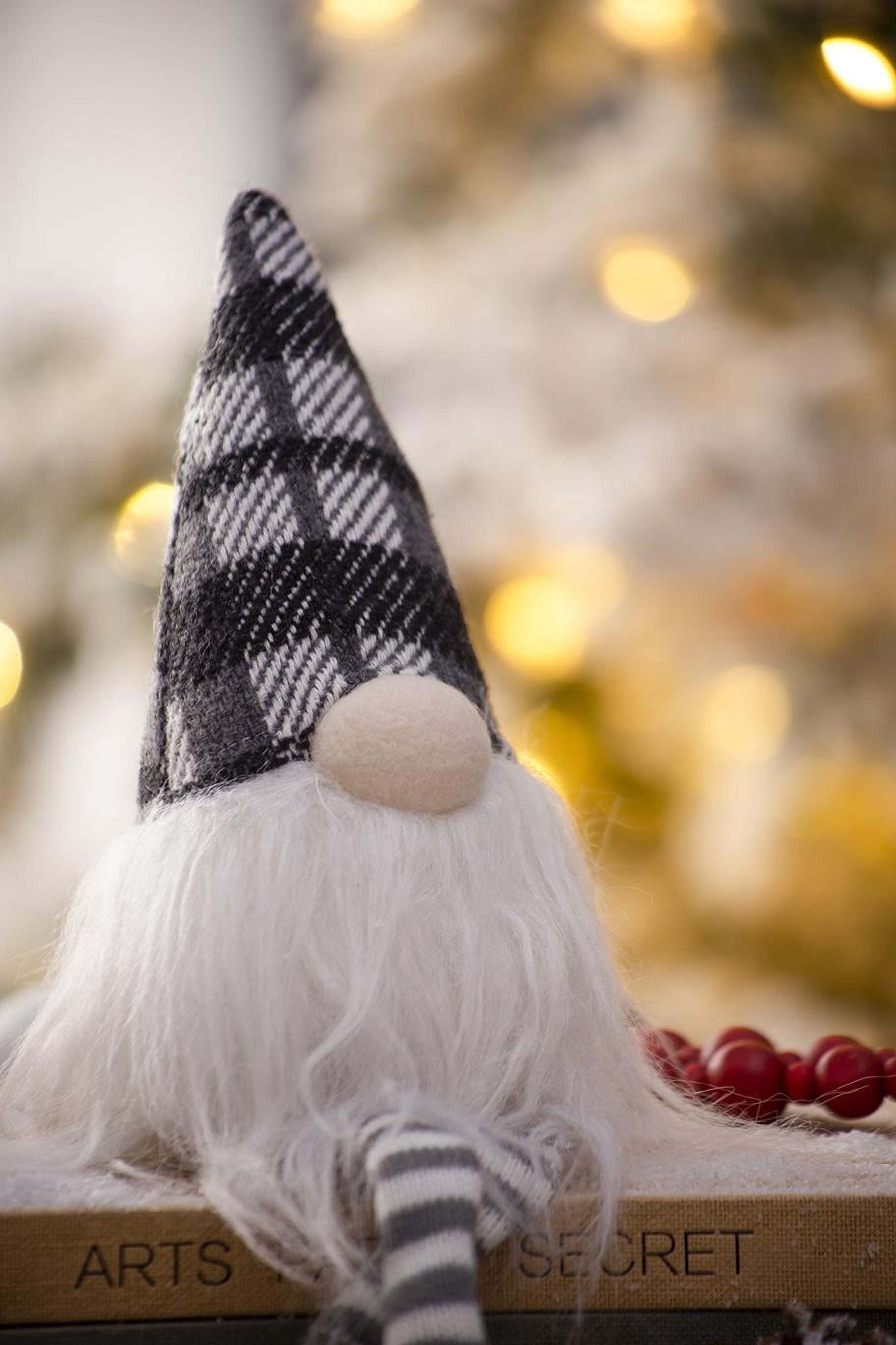 Festive Minimalist Gnome Figurine Set White Beard Gray Plaid Hat Long Legs Tabletop Mantel Dining Room Seasonal Vignette Decoration