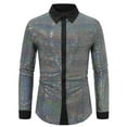 thumbnail image 2 of Mens Sparkly Sequins Shirts Long Sleeve Slim-Fit Button-Down Collar T-Shirts Trendy Shiny Color-Block Nightclub Party Tshirts Tops, 2 of 4