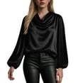 thumbnail image 4 of TTUHYWXI Women's Satin Silky Cowl Neck Drape Ruched Front Long Sleeve Blouse Shirt Top (Black, XXL), 4 of 7