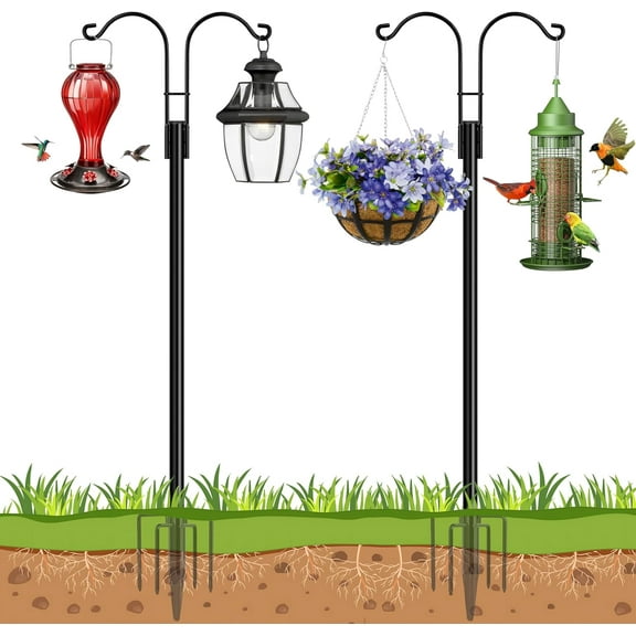 Bird Feeder Pole 2 Pack 60 INCH Double Shepherds Hooks for Outdoor Garden Pole with 5 Base Prongs Heavy Duty Planter Hanging Plant Baskets Lantern Hummingbird