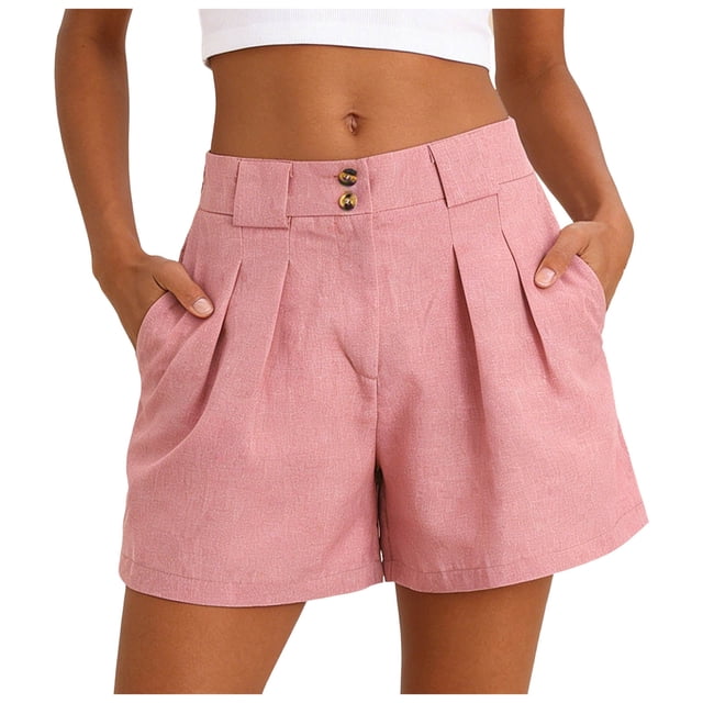 GHIIYER Linen Shorts Women High Waisted Wide Leg Trousers with Pleated Button Closure And Side Pockets Short