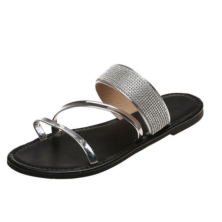 

Ladies Shoes Fashion Solid Color Rhinestone Flat Roman Shoes Sandals