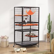 Large Cat Cage Indoor, 4-Tier Cat Enclosure Indoor with Hammock Bed, Cat Crates for Indoor Cats with 2 Ladders, Durable Wire Mesh Catios for Cats, Pet Cages for Cats with Wheels, Black