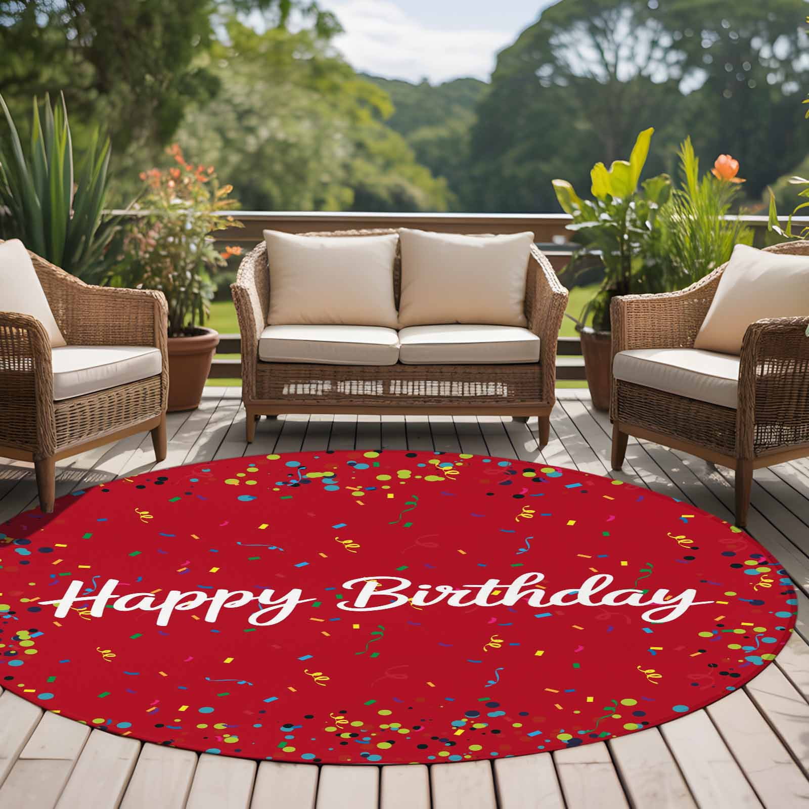 Red Birthday Large Area Rugs for Bedroom Living Room, Soft Non Slip Carpet Bedside Rug, Colorful Confetti Ribbons Polka Dots Classroom Round Floor Cover Kitchen Accent Rug 5' for Dining Room/Office