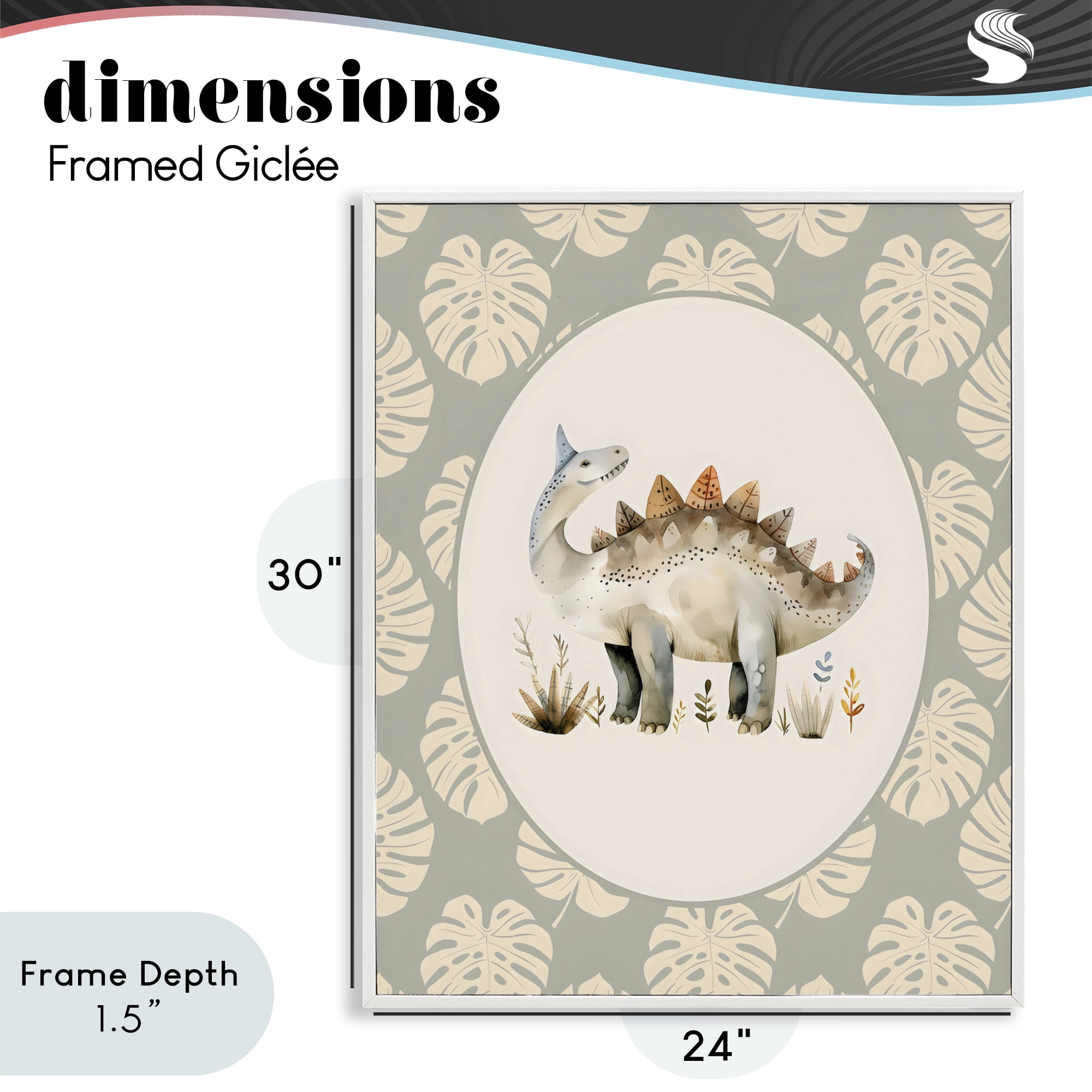 Stupell Industries Watercolor Dinosaur Monstera Border White Framed Giclee Art, design by LSR Design Studio