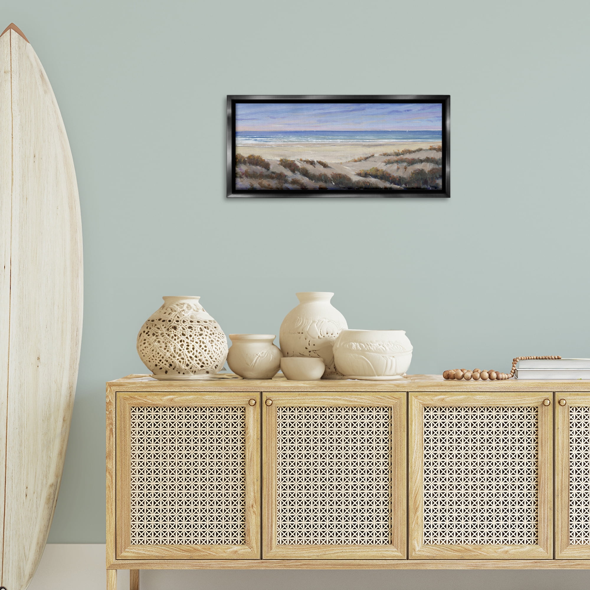 Stupell Industries Grassy Beach View Nautical & Beach Painting Black Floater Framed Canvas Art Print Wall Art, 31 x 14