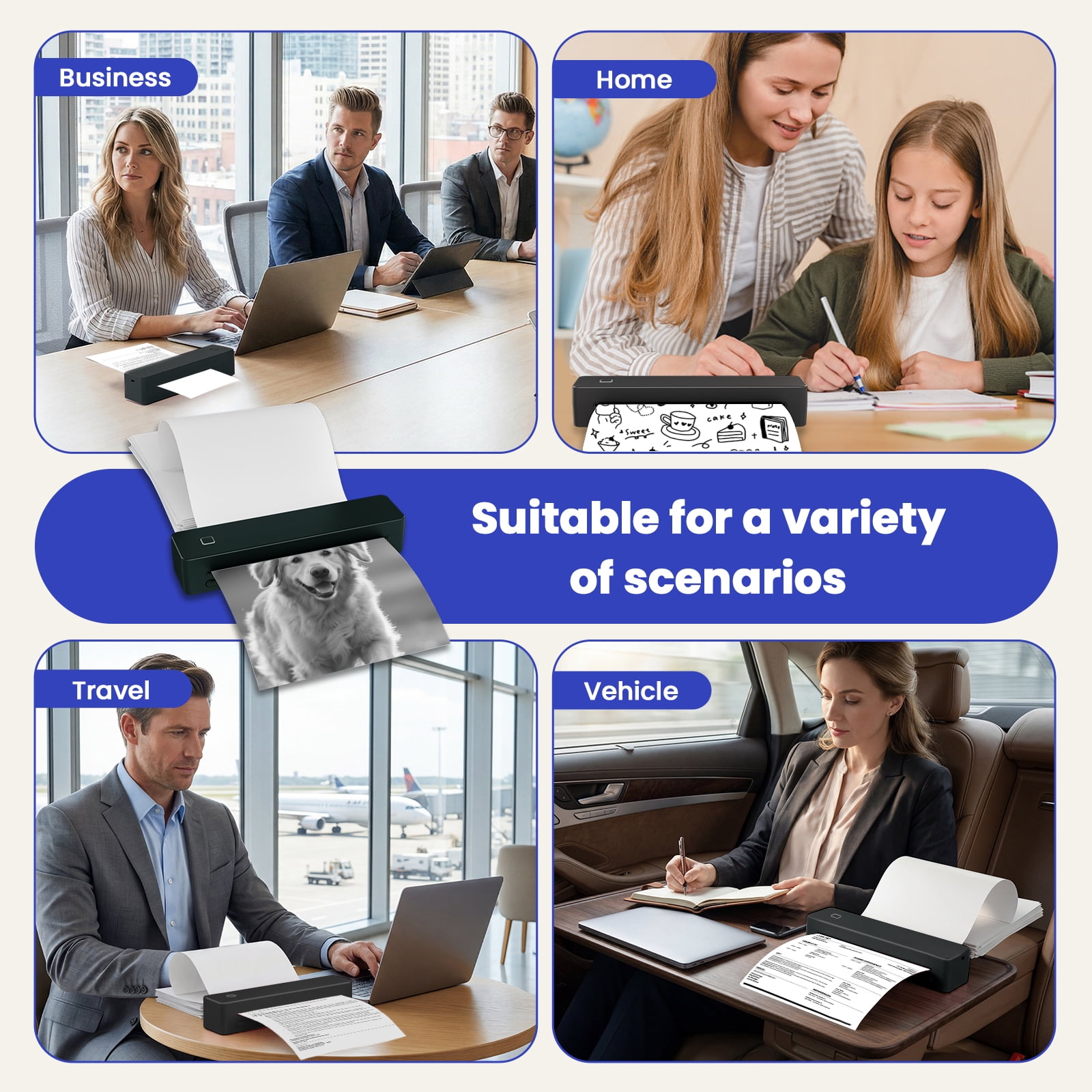 Thermal Printer for Travel, Supports US Letter, A4, A5, B5 Thermal Paper, Portable Wireless Inkless Phone Printer for Home Office, Compatible with Android iOS Phone & Laptop, Black