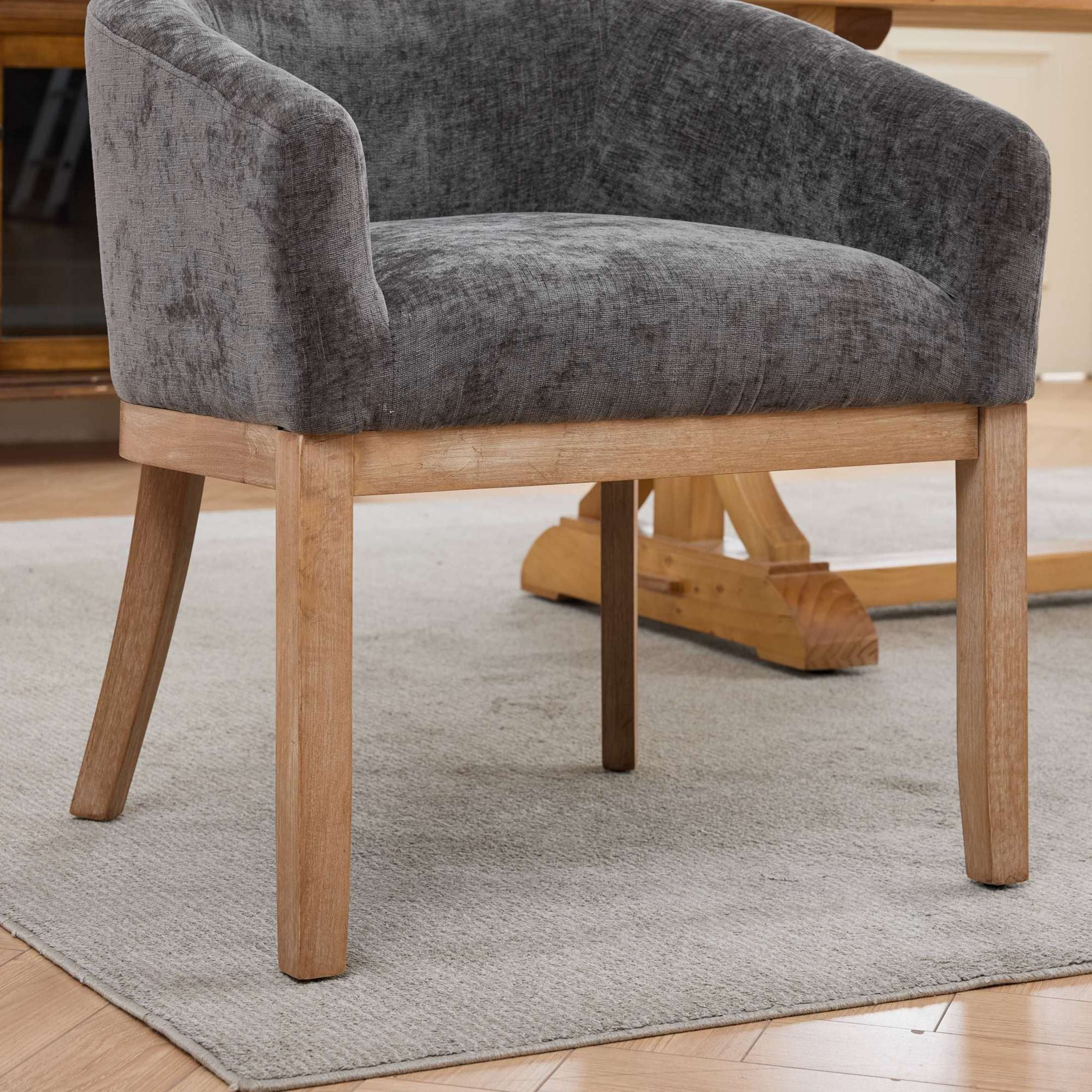 Noble House Barrel Dining Chair with Arms, Chenille Upholstery, Rubberwood Frame, Gray