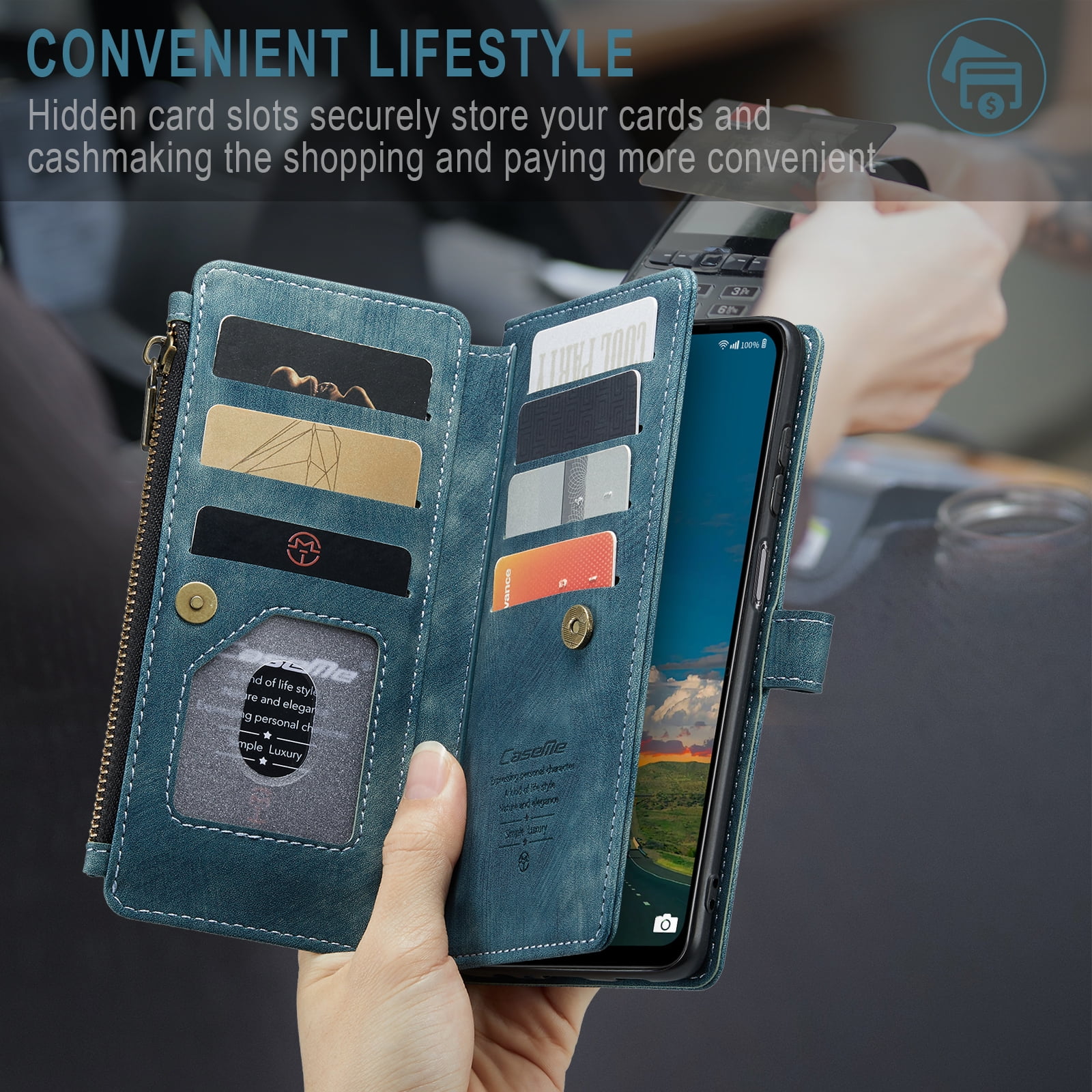 Dteck Wallet Case for Samsung Galaxy S24 Plus,Magnetic Retro Leather Case Flip Folio Zipper Purse with Card Holder Slot Kickstand Shockproof Phone Cover for Samsung Galaxy S24 Plus 5G,Blue