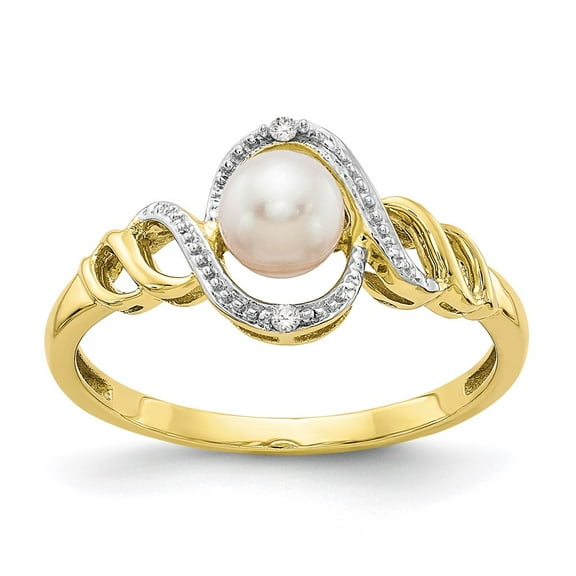10K Yellow Gold Ring Band Pearl (06) June Diamond Round Freshwater White