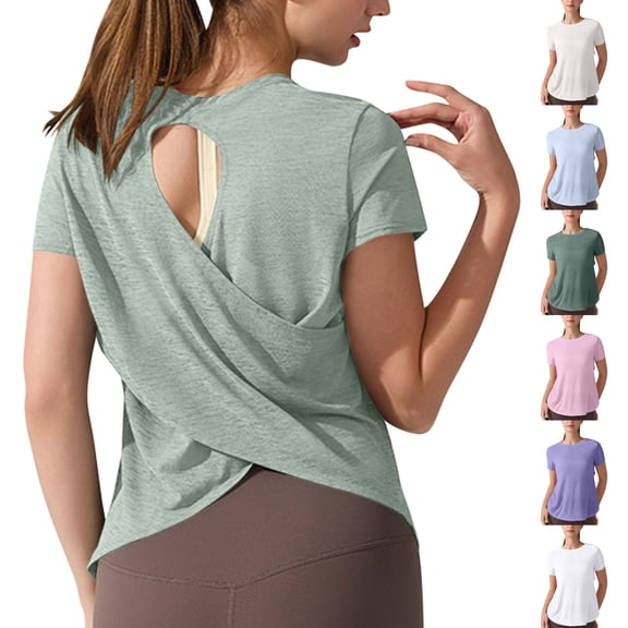 Viluyesy Women's Workout Tops Short Sleeve Open Back Twist Cutout Athletic Quick Dry Yoga Loose Fit Summer Daily T Shirts Army Green Size M