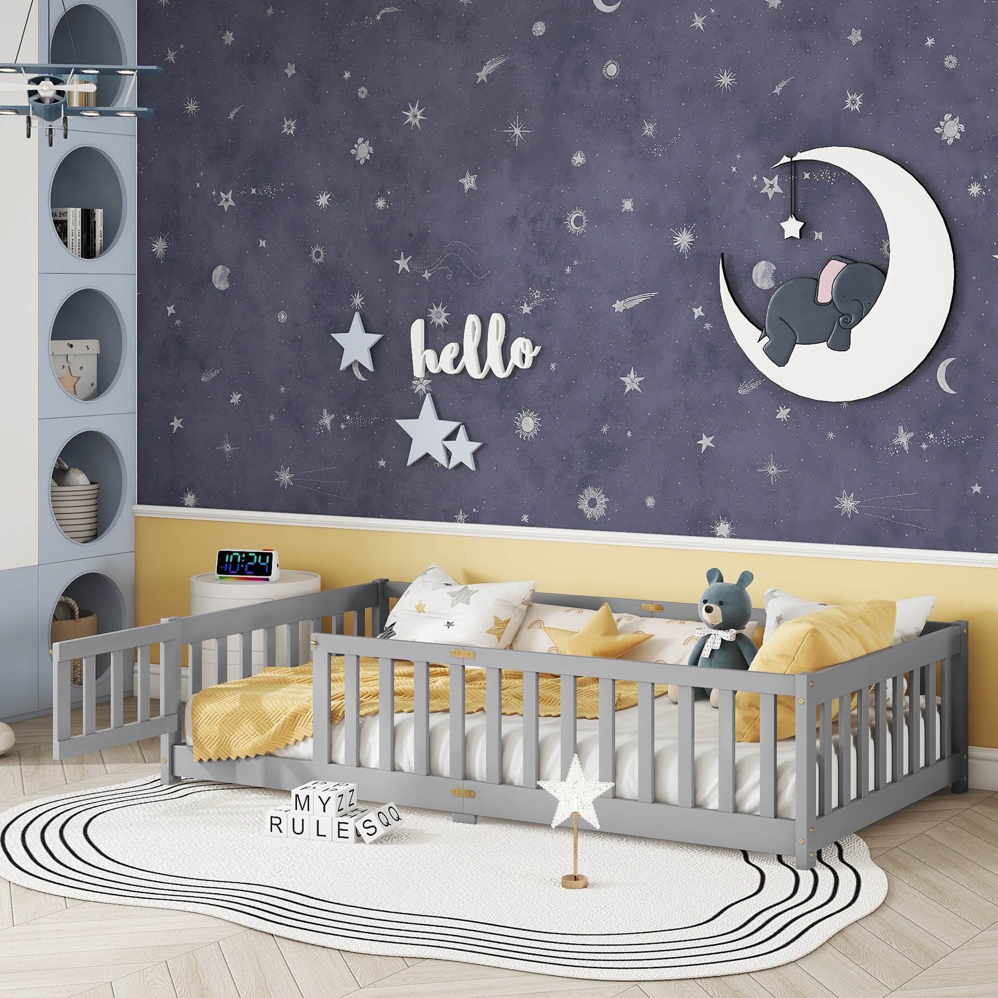 Alvantor Twin Size Floor Bed for Toddler, Solid Wood Floor Bed with Door and Fence Guardrail, Montessori Floor Bed for Boys, Girls,Gray