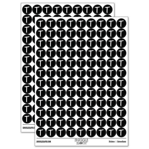 Letter T Uppercase Felt Marker Font 200  Round Stickers - Black - Gloss Finish - 0.50" Size