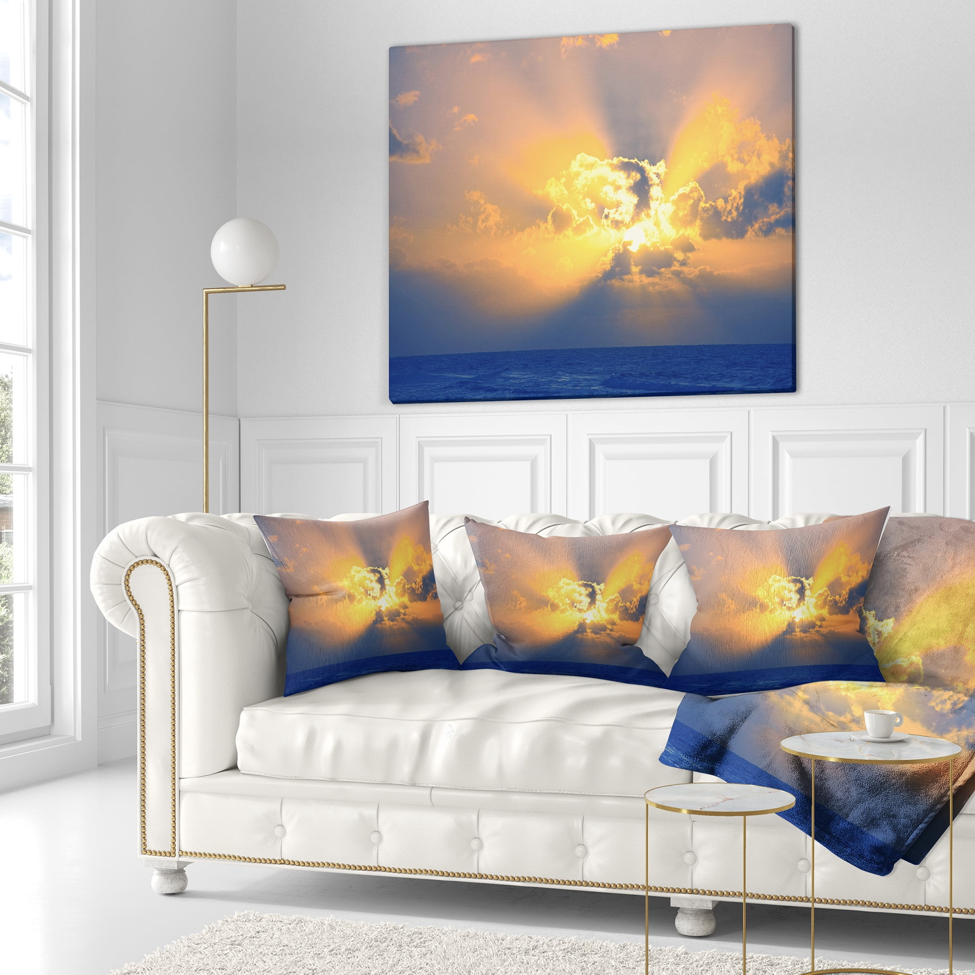 Designart Scenic Yellow Sunset in Ocean - Landscape Printed Throw Pillow - 16x16