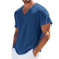 thumbnail image 4 of Bohemian Raw Hem V Neck Mens Short Sleeve Shirt, Fringe Casual Pullover, Skin Friendly Linen Blend Fabric for Seaside Walking Daily Vacation Outfits Blue L, 4 of 7