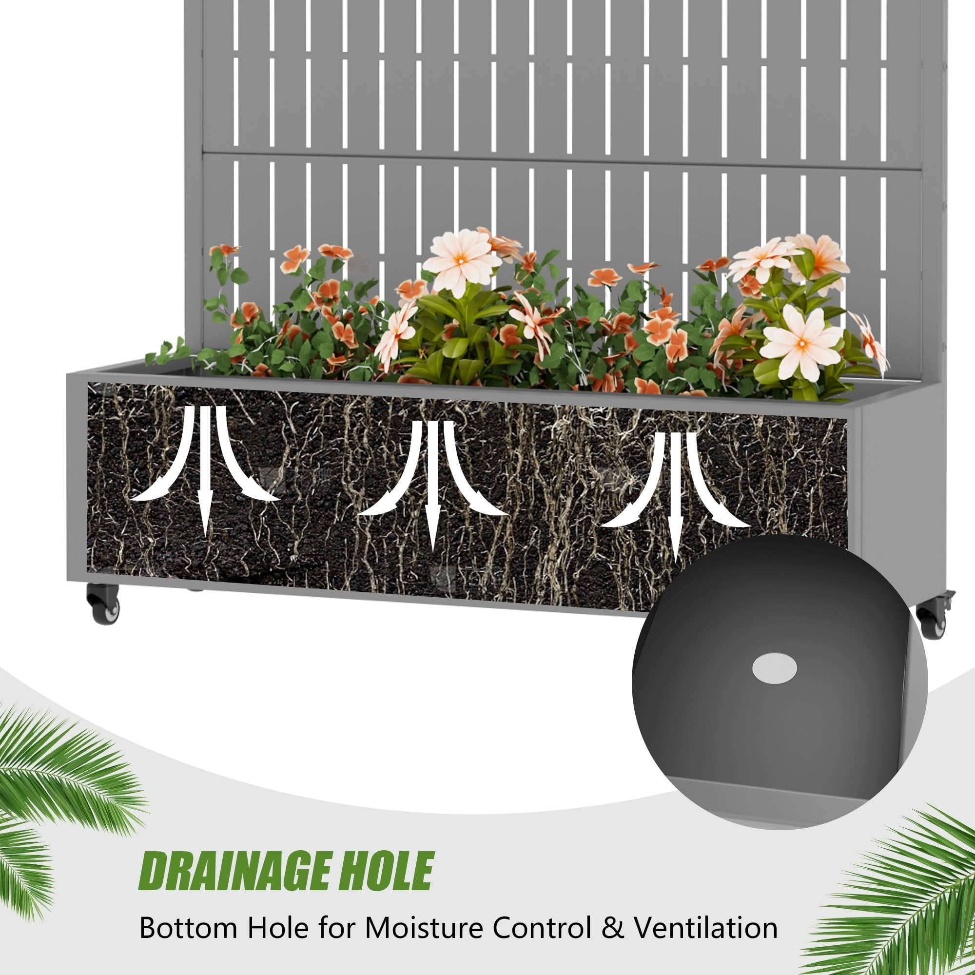 MAYEERTY 72X47" Metal Outdoor Gray Privacy Screen with Planter Box for Backyard & Garden, 5 Piece Set
