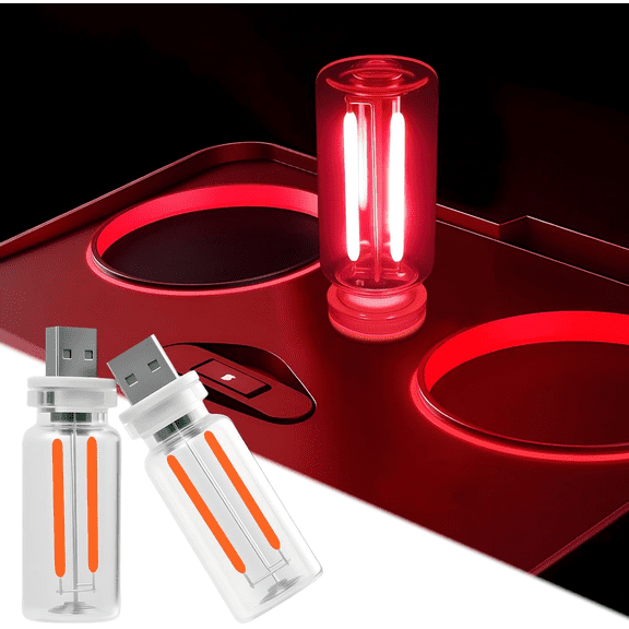 2 PCS Car USB Night Light Bulb, Touch Dimmable Car Interior Ambient Lights, Portable Mini USB Retro Glass Bottle Lamp Decorations for Vehicle, Bedroom, Hallway, Camping (Red)