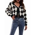 thumbnail image 2 of Women'S Knit Cardigan Sweaters Long Sleeve Argyle Open Front Button Down V Neck Cropped Coats Casual Trendy Tops Apricot Black L, 2 of 10