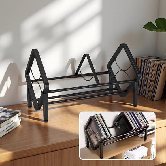 Adjustable Telescopic Vinyl Record Stand for Collectors, Expandable Carbon Steel LP Storage Rack, Compact 12" Record Organizer with Triangular Base, Black